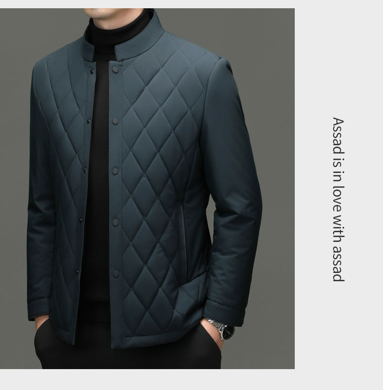 Men's Stand Collar Diamond Pattern Cotton Jacket Autumn and Winter Business Casual Warm Jacket Young and Middle-Aged Fashion Single-Breasted Top