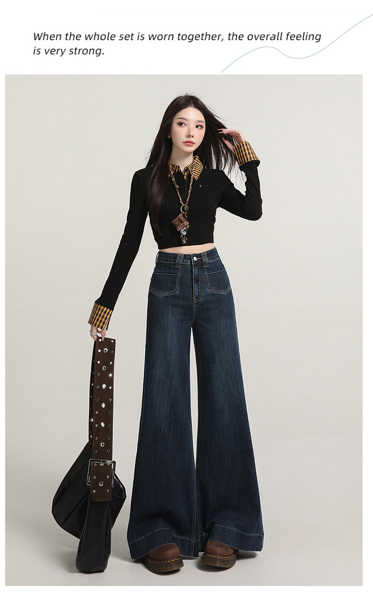 Retro American Style Denim Blue Flared Jeans for Women 2025 Autumn New Slimming Versatile Bootcut Pants