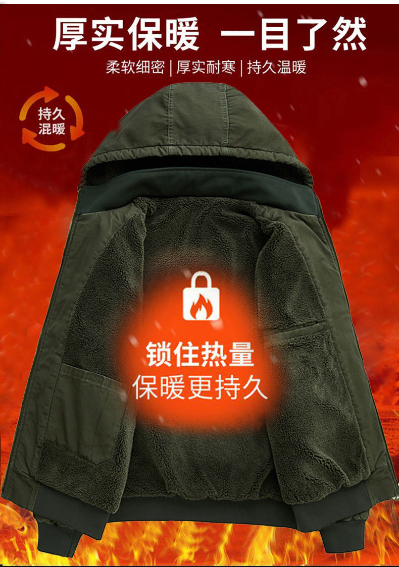 Men's Autumn and Winter Warm Fashion Fleece-Lined Bomber Jacket American-Style Workwear Hooded Cotton Coat for Warmth