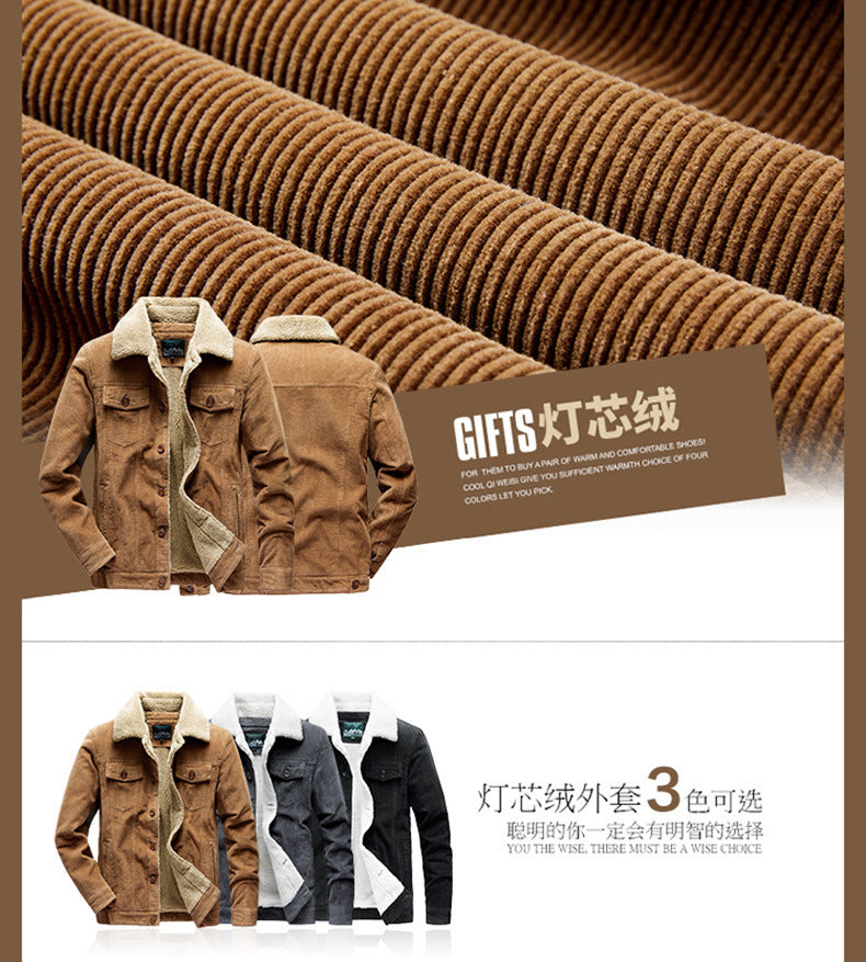 Lamb Velvet Jacket Men's Autumn and Winter Thickeneded Cotton Outwear Corduroy Workwear Cotton Jacket Fleece-Lined Retro Corduroy Jacket