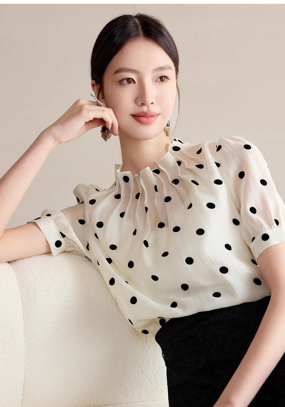 Summer New Short-Sleeved Design Romantic Polka Dot Women's Shirt Small Fresh and Stylish Tencel Skin-Friendly Small Stand-Up Collar Shirt
