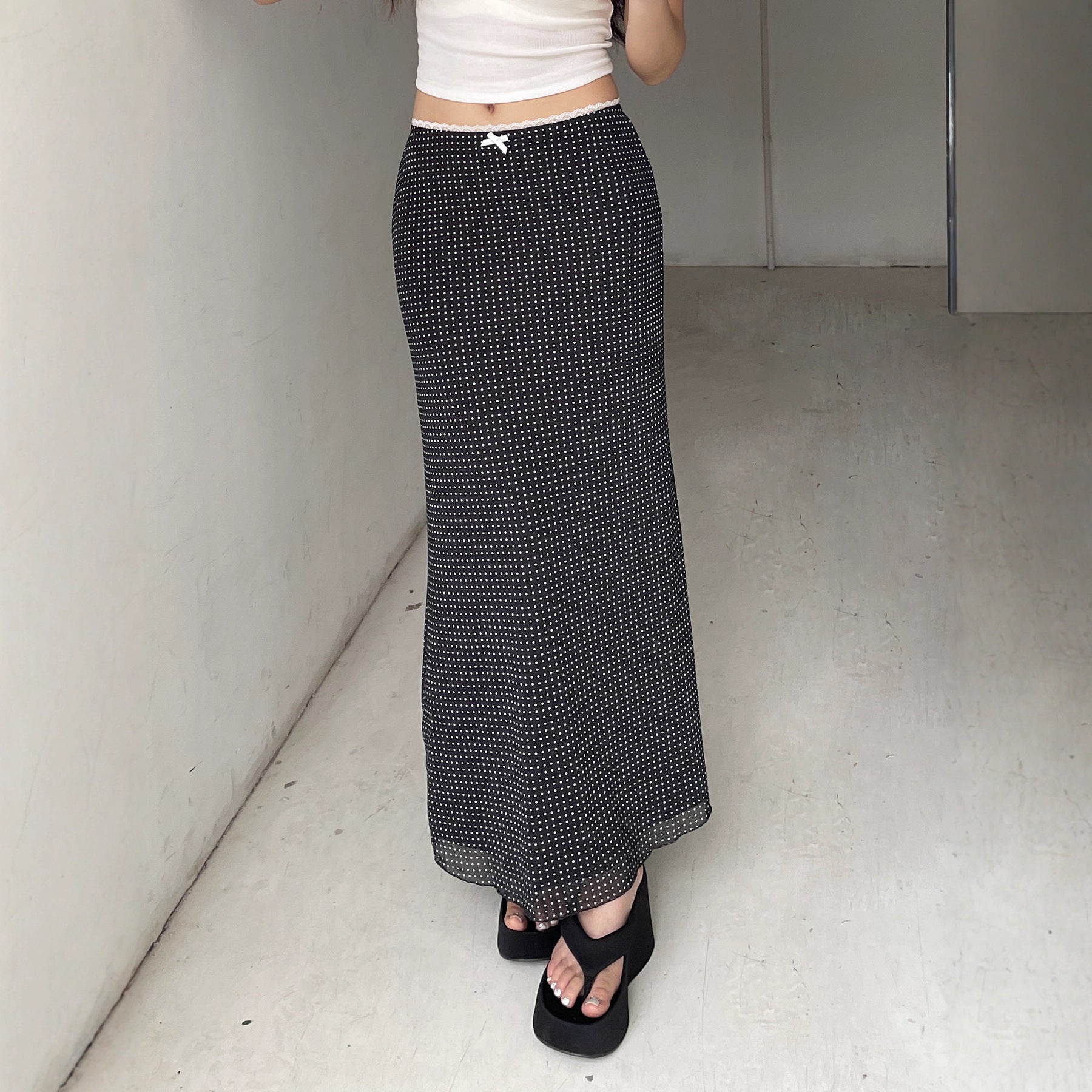 C3252Sk European and American Cross-Border French Polka Dot Element Waist Lace Splicing Long Skirt Sexy Hip-Covering Skirt