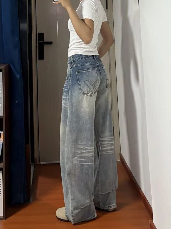 American-Style Wide-Leg Jeans for Women 2025 Spring and Autumn High-Waisted Loose Lazy Drapey Floor-Length Straight Pants
