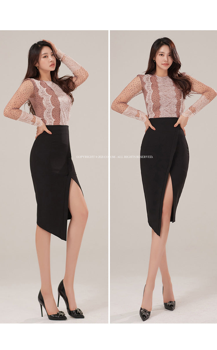 Foreign Trade Women's Clothing 2025 Spring and Summer Round Neck Sexy Polka Dot Mesh Slim Top + High Waist Slim Slit Hip Skirt