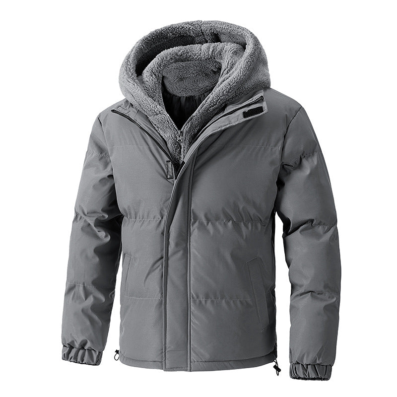 2025 Winter New Cross-Border Men's Cotton Jacket, Faux Two-Piece Solid Color Design with Fleece Lining and Thickened Polar Fleece Cotton Coat