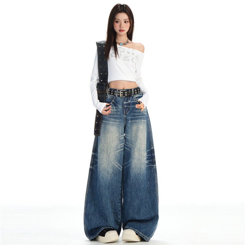 Raccoon House # High-Waisted Loose Whiskered Floral Heavy Craft Jeans for Women 2025 Autumn New Drape Slimming Floor-Length Pants