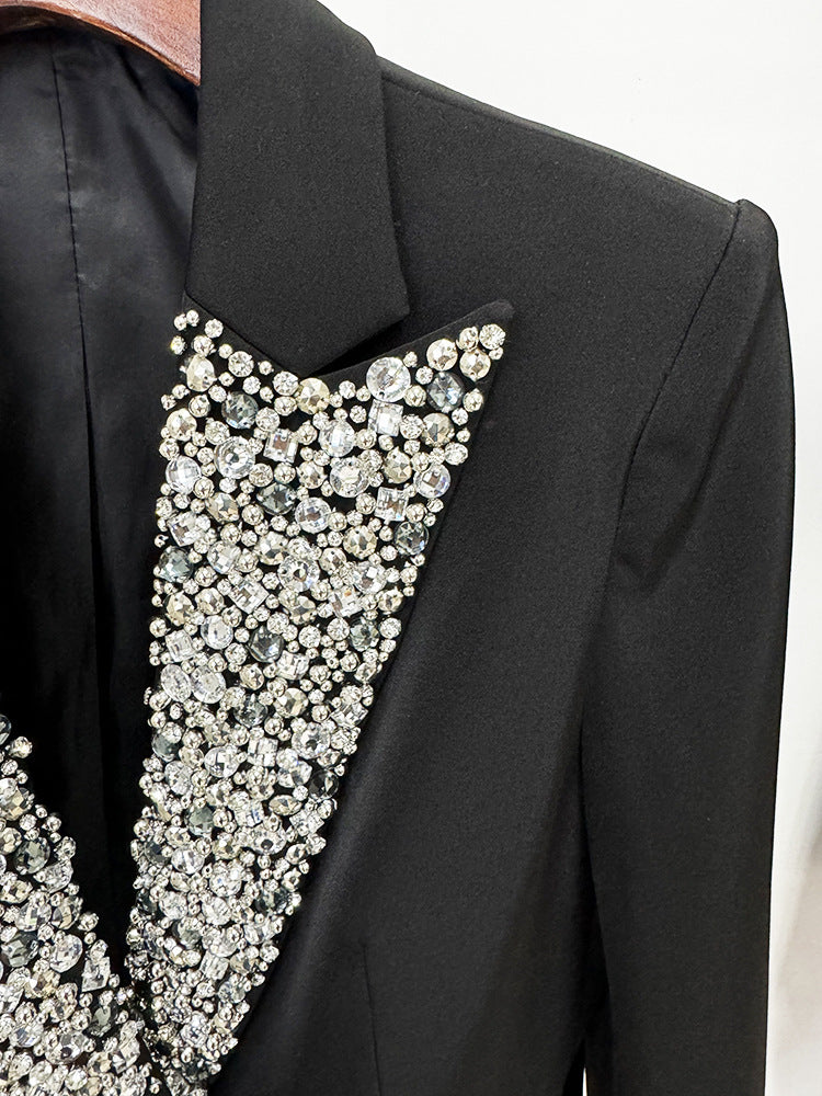 In Stock 2026 European and American Trendy Fashion New Style Handmade Luxurious Heavy Beading and Rhinestone Embellished Slim Fit Mid-Length Blazer
