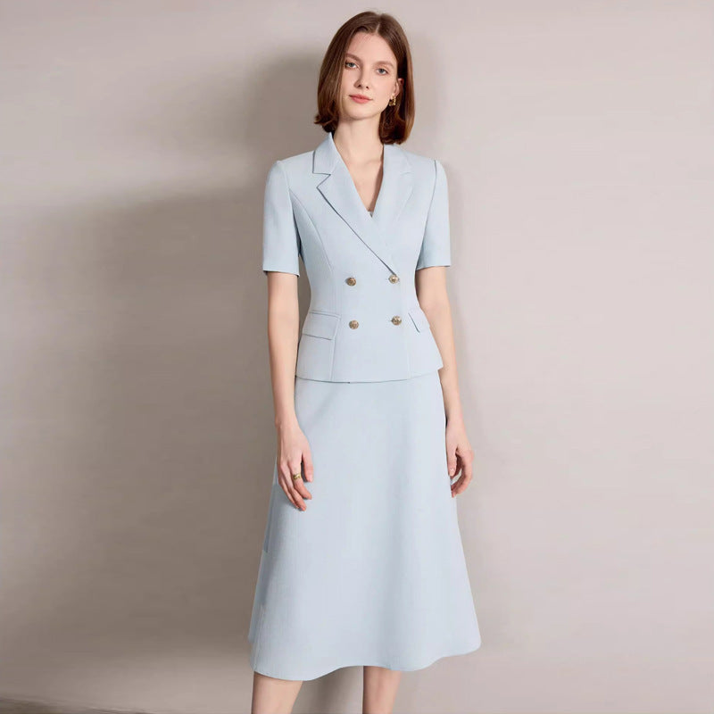 Summer New Short-Sleeved Light Blue Professional Women's Skirt Suit Double-Breasted Suit Collar Office Manager Commuting Formal Wear