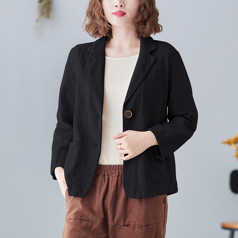 2025 Real Shot of New Cotton and Linen Retro Literary Loose Versatile Casual Long-Sleeved Button-Down Small Suit Short Jacket for Women