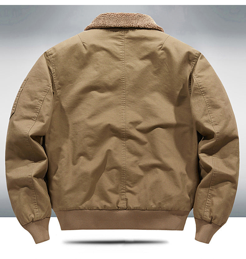 2024 Autumn/Winter New Cross-Border Men's Fleece-Lined Cotton Jacket with Stand Collar, Neck Protection, Cold-Proof, Washable Cotton Coat, Pure Cotton Outerwear