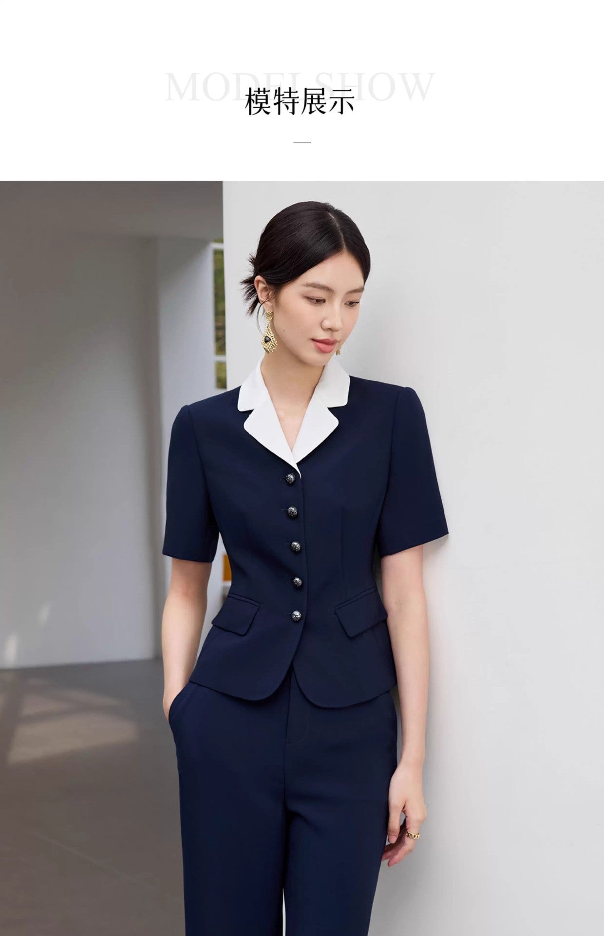 Summer New Navy Blue Short-Sleeved Professional Suit Suit Color-Blocked Suit Collar Single-Breasted Slim Slim Work Clothes