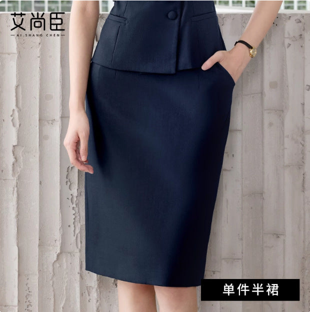 Summer New Design V-Neck Professional Women's Skirt Suit in Gray-Green, Slim-Fit and Flattering, Suitable for Reception and Work Attire