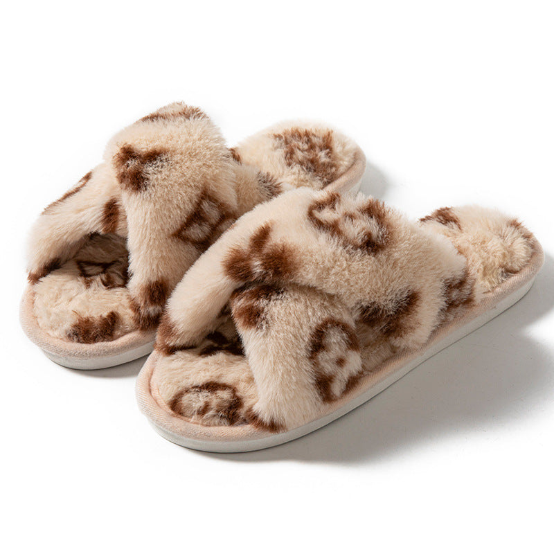 Four-leaf clover cross-opening cross-border foreign trade open-toe women's slippers autumn and winter four seasons open-ended slippers imitation rabbit hair