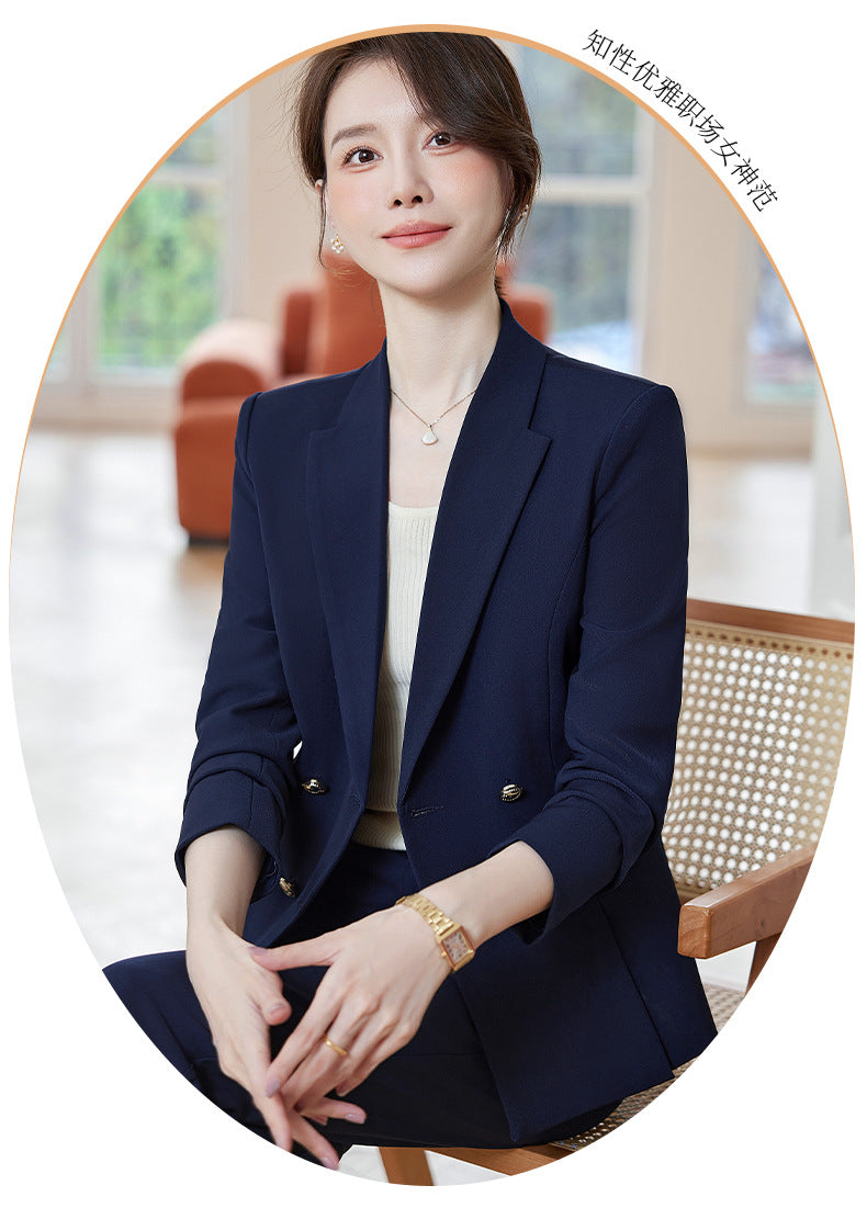 Cross-Border High-End Professional Women's Navy Blue Suit, New Spring and Autumn Style, Elegant Suit Set, Formal Attire for Hotel Sales Managers