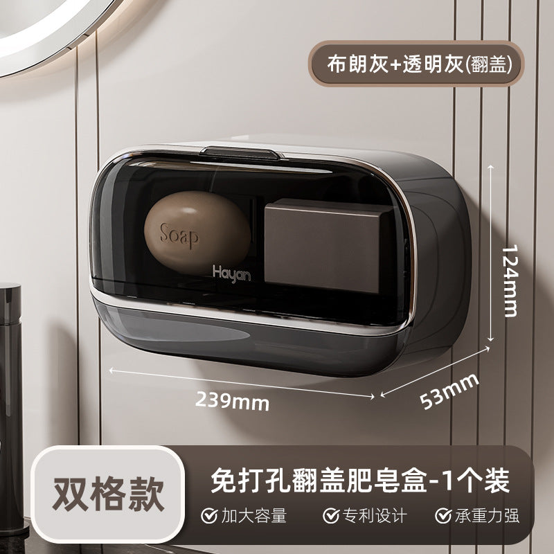 Double-compartment Soap Box Flip Cover Non-perforated Wall-mounted Draining Soap Box Bathroom Household High-end Light Luxury Storage Box