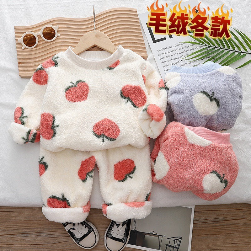 Free Shipping Yukids Kidsren's Autumn and Winter Home Clothes Set for Men and Women Baby Flannel Fruit Warm Two-Piece Set