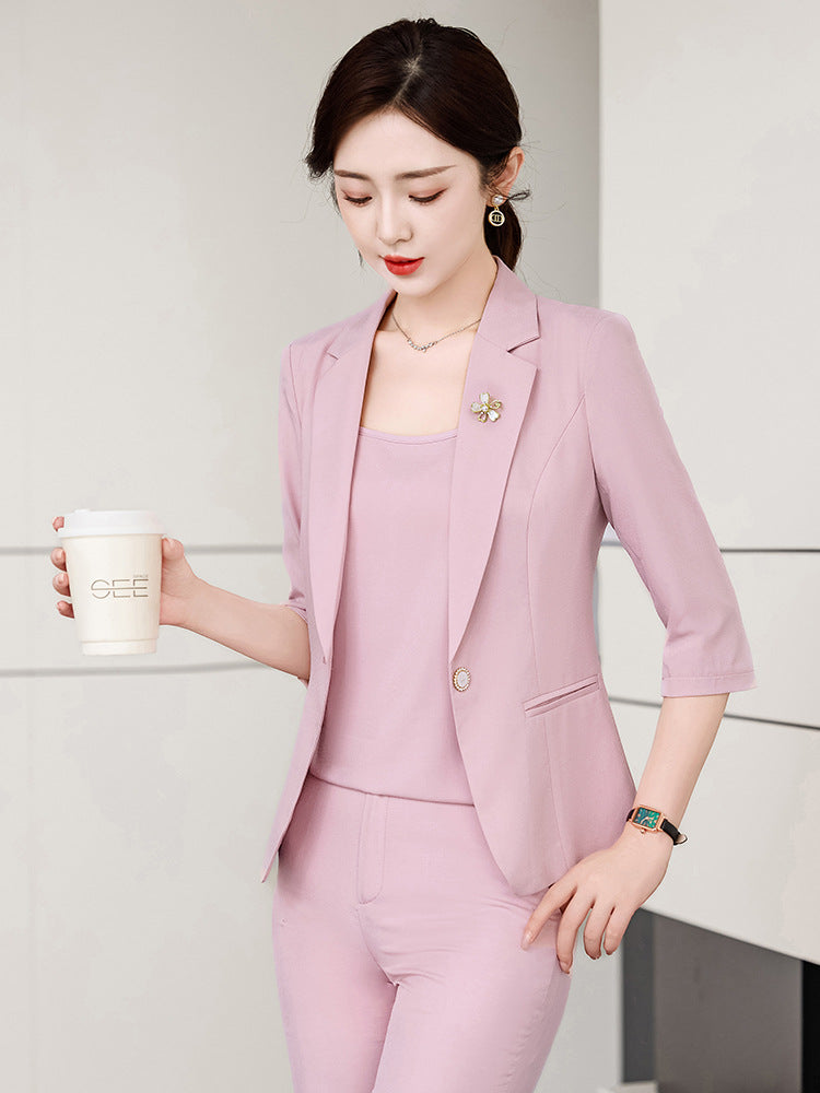 Pink Petite Suit for Women, Summer Thin High-End Short Professional Wear, Fashionable Elegant Casual Formal Wear