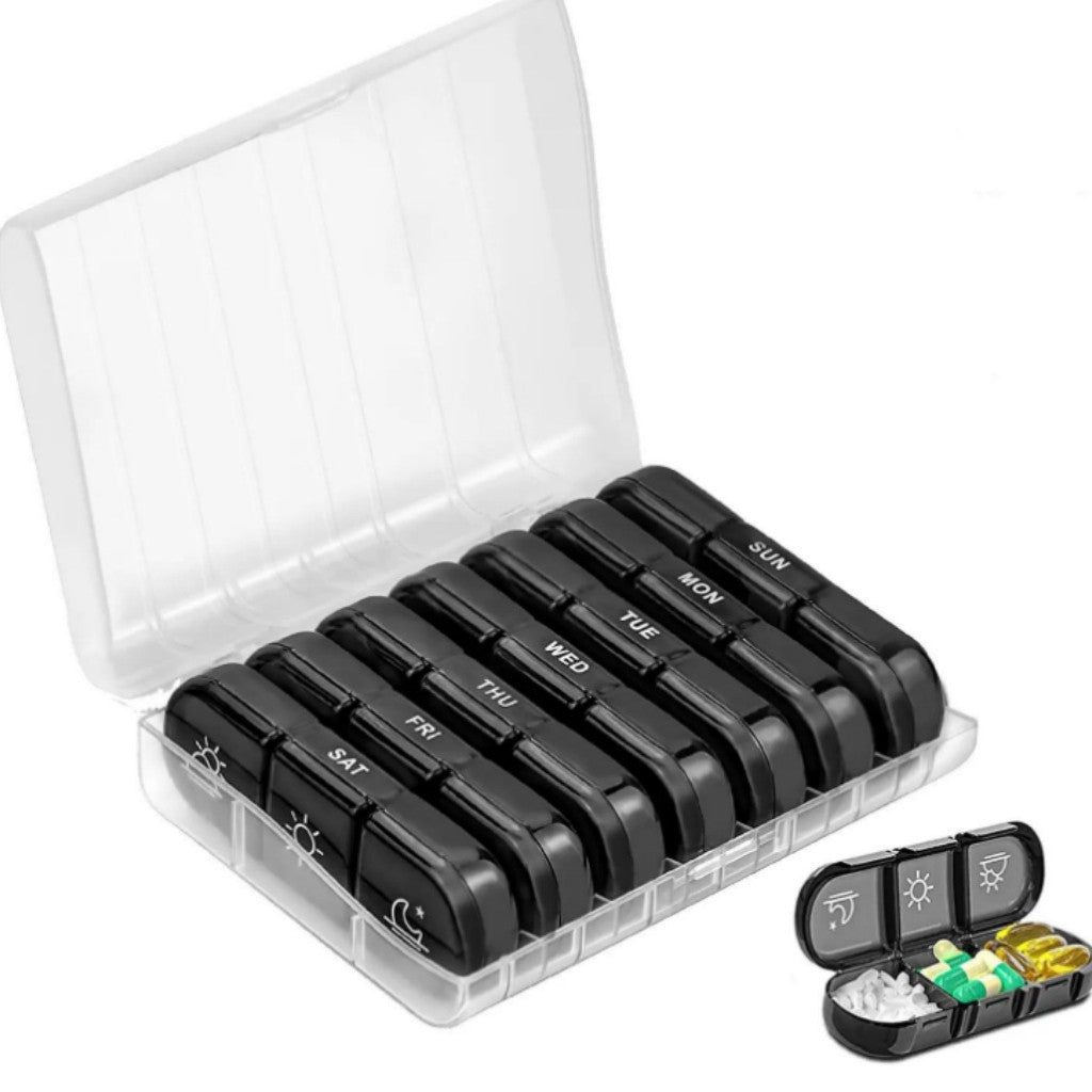 Amazon Seven Days a Week 21-Compartment Black Portable Medicine Box Classification Box for the Elderly to Carry Medicine Box