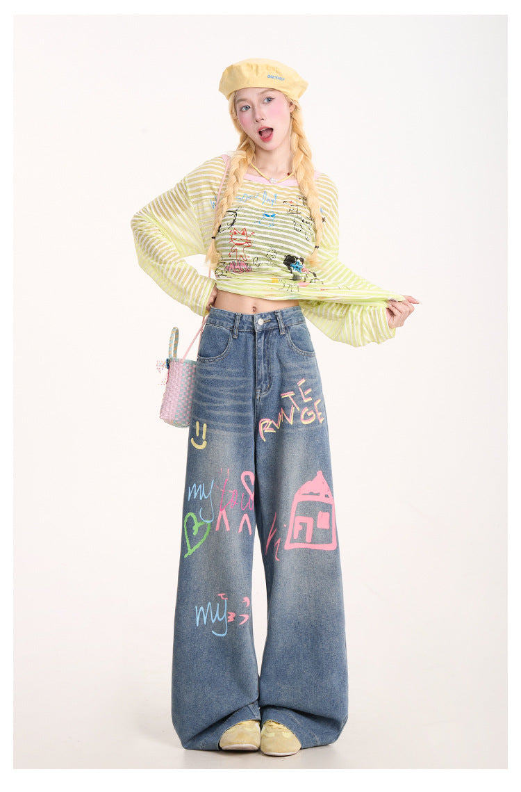 American Graffiti Print Jeans for Women, Trendy Retro Washed Straight Pants, Loose Casual Drape Versatile Casual Pants