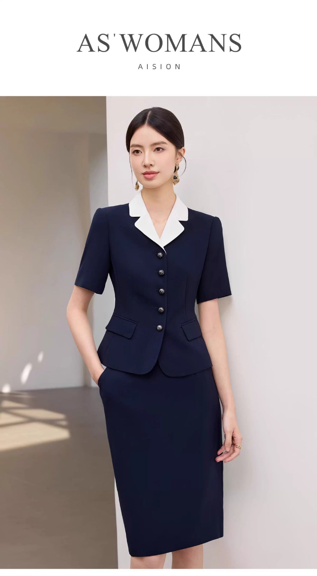 Summer New Navy Blue Short-Sleeved Professional Suit Suit Color-Blocked Suit Collar Single-Breasted Slim Slim Work Clothes