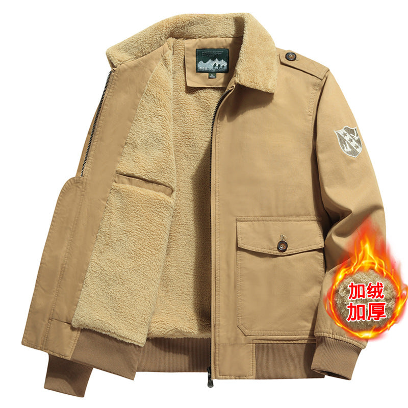 New Lamb Wool Jacket Men's Winter Thickened Wool Collar fleece-lined Overalls Cotton-padded Jacket Men's Jacket Casual Cotton-padded Jacket Aviator