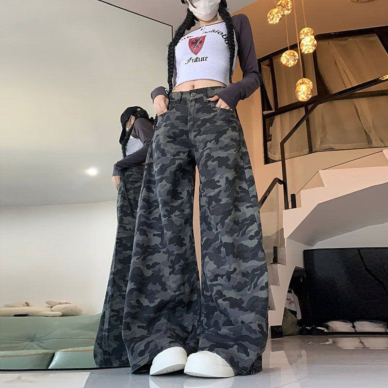 Plus Size Workwear Wide-Leg Camouflage Jeans for Women, Autumn American Style, Loose Retro Drape, Lazy Straight Pants for Chubby Women