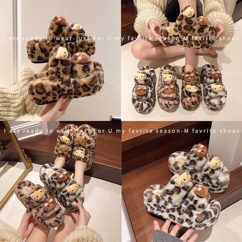 Leopard Print Thick-Soled One-Word Furry Slippers for Women's Outer Wear 2025 New Spring, Autumn and Winter Indoor Home Popular Cotton Slippers