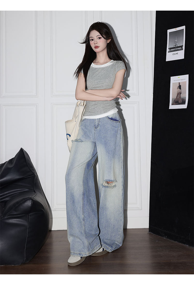 Spring and Autumn Design Retro Versatile Light Blue Ripped Jeans for Women American Style Loose High-Waisted Wide-Leg Pants