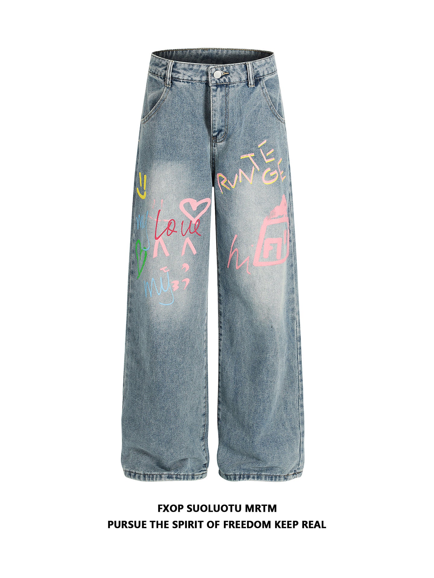 American Retro Niche Graffiti Washed Jeans for Women 2025 New Loose Straight High-Waisted Street Casual Pants