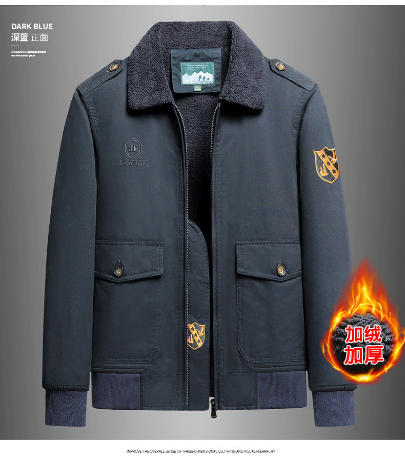 New Lamb Wool Jacket Men's Winter Thickened Wool Collar fleece-lined Overalls Cotton-padded Jacket Men's Jacket Casual Cotton-padded Jacket Aviator