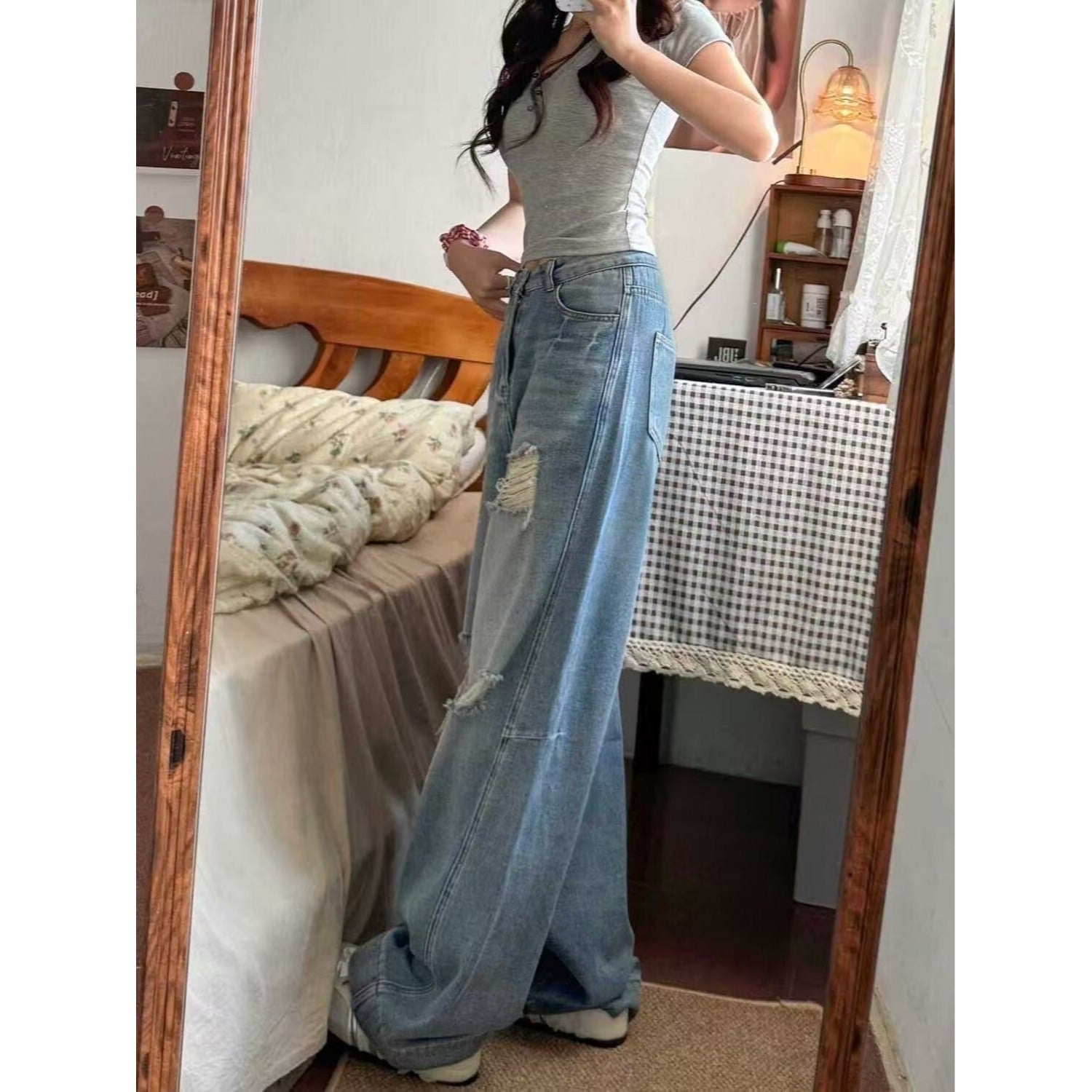 American Style Ripped Jeans for Women, Autumn New Plus-Size High-Waisted Pear-Shaped Figure Slimming Loose Wide-Leg Pants