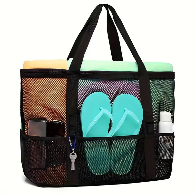 Beach Bag Shoulder Bag Mesh Beach Bag 8-Pocket Bathroom Bag Toy Storage Bag Large Capacity Mesh Cut Out Bag