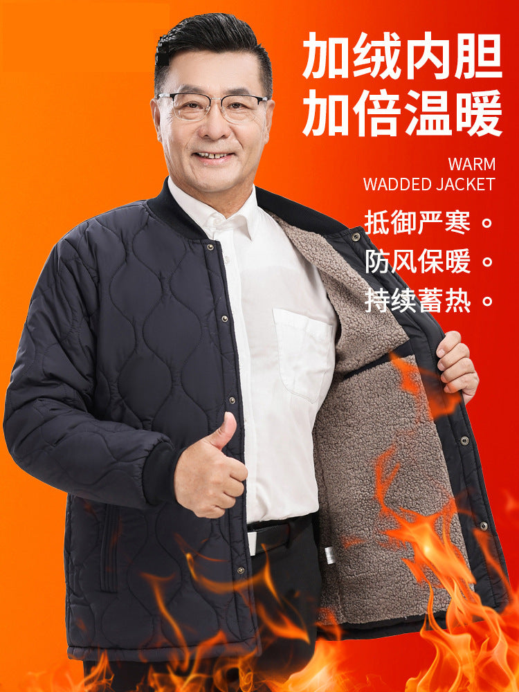 2025 Autumn and Winter Men's Cotton-Padded Jacket with Fleece Lining, Thickened Snap Button Coat for Middle-Aged and Elderly, Warm Top, Versatile Dad Outfit