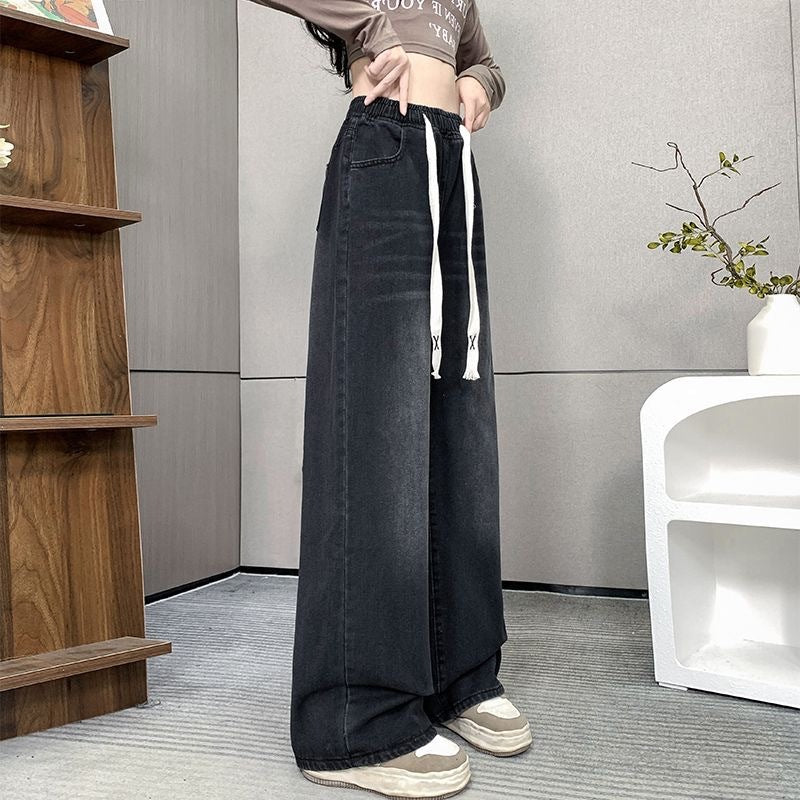 Spring and Summer High-Waisted Wide-Leg Floor-Length Pants for Women, Slim and Versatile Korean Style Student Elastic Waist Drawstring Jeans Large Size