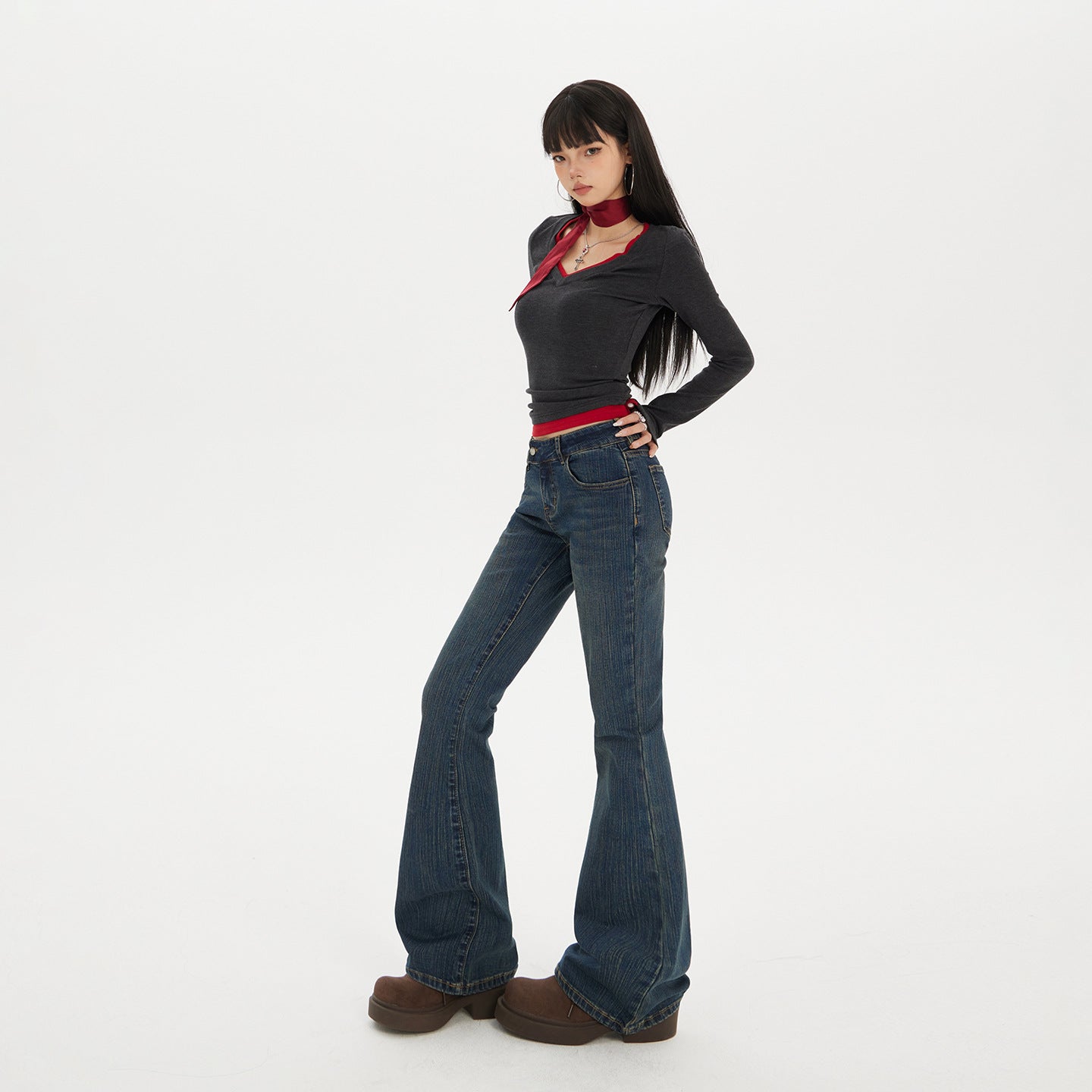 American Hot Girl Low-Waist Bootcut Jeans for Women 2025 Autum New Slim Fit Elastic Slimming Look Horseshoe Flared Pants