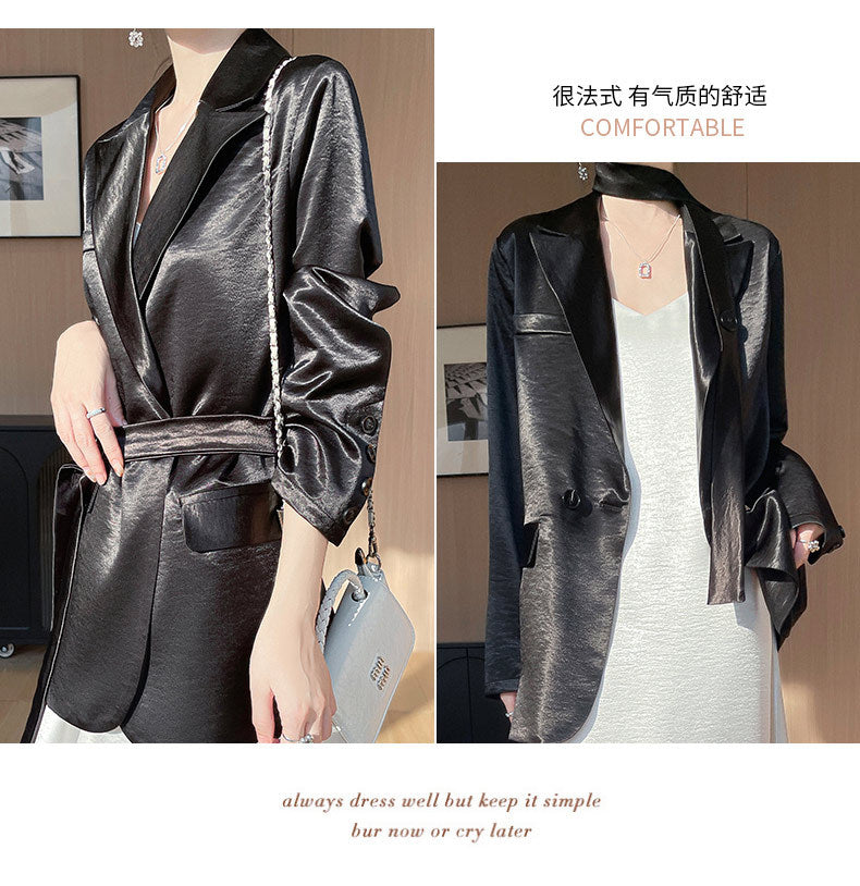 Light Luxury French Style Slimming Women's Coat Belt Satin Suit Women's Loose Elegant Glossy Casual Suit