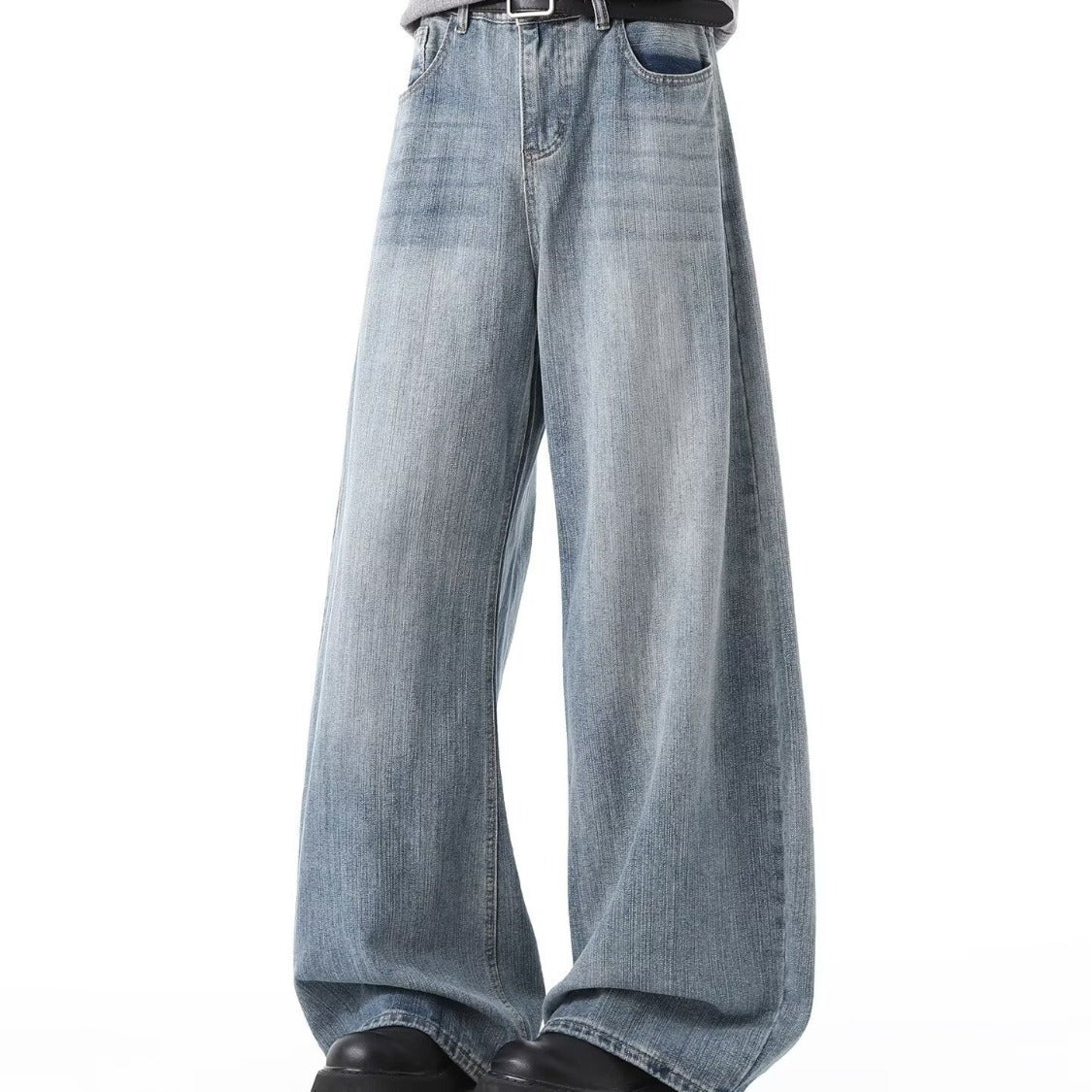 Spring and Autumn American Retro Blue Versatile Wide-Leg Men's Jeans, Stylish Hip-Hop Loose Petite Drape Straight Pants