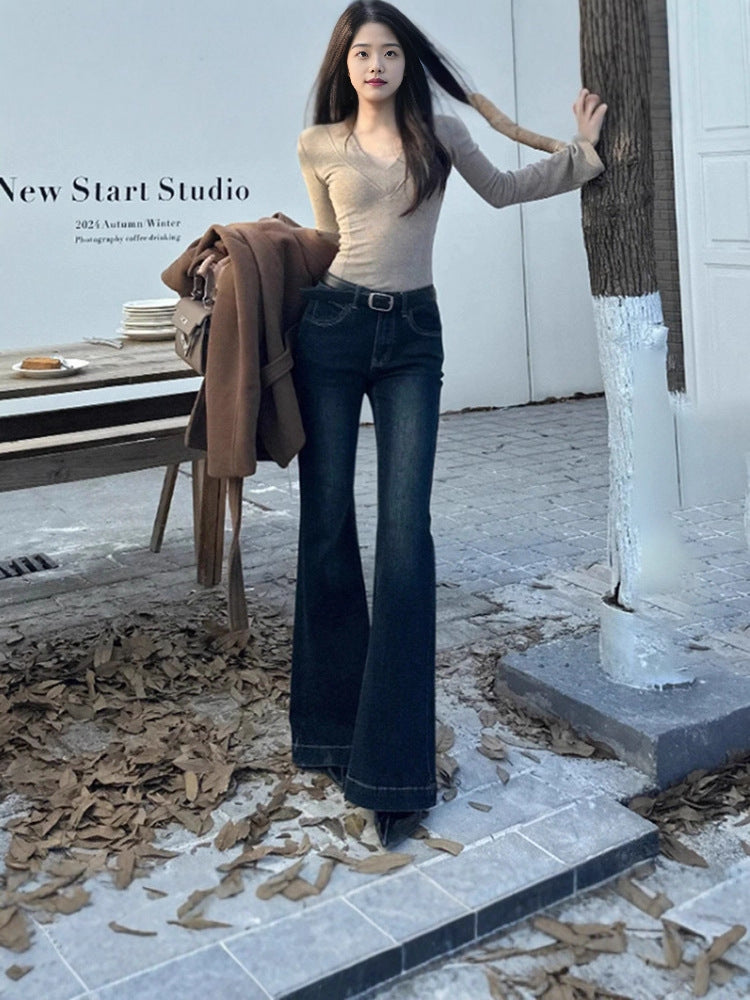 American Retro Flared Jeans for Women, Spring New Slim Fit Low-Rise Straight Cigarette Flared Pants Trendy