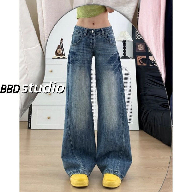 Low-Waist Jeans for Students, Autumn Style, New Loose Straight-Leg Casual Wide-Leg Pants, Ins Hong Kong Style Retro Fashion