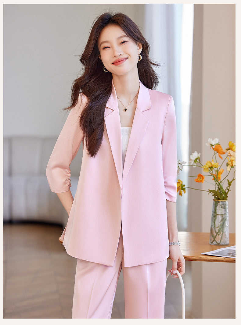 New Chinese-Style Women's Summer Thin Suit for Petite Figures, High-End Professional Attire, Acetate-Like Blazer
