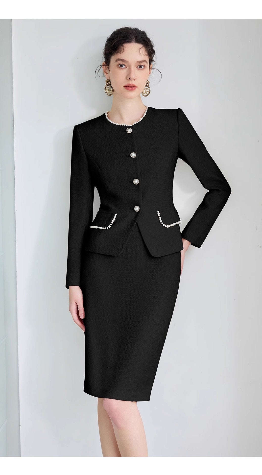 AD French Commuter Suit suit Women's High-end Pearl Crewneck Long-sleeved Jacket Black Business Dress Overskirt