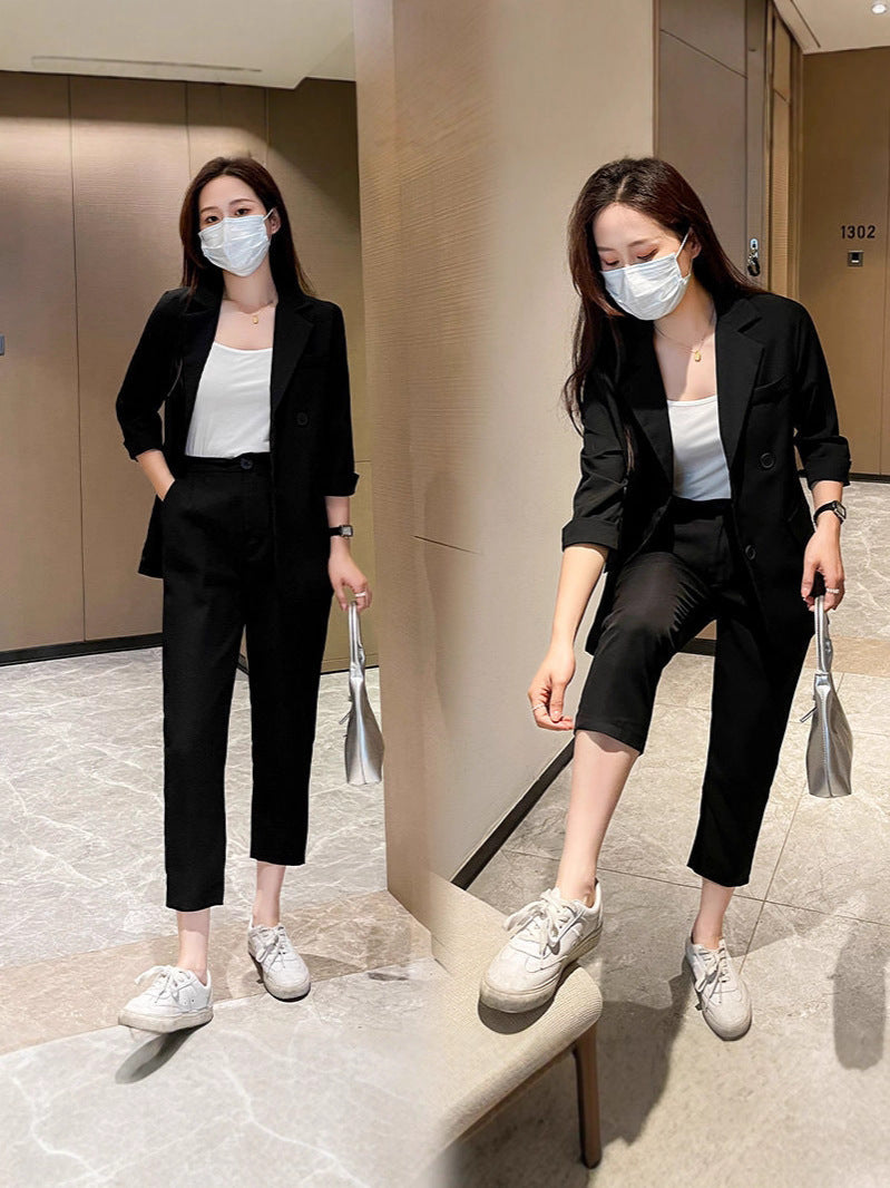 Cross-Border Plus Size Women's Clothing Plus Size Fashion Suit Women's Spring and Autumn Korean Style Temperament Back Slit Cropped Pants Two-Piece Set