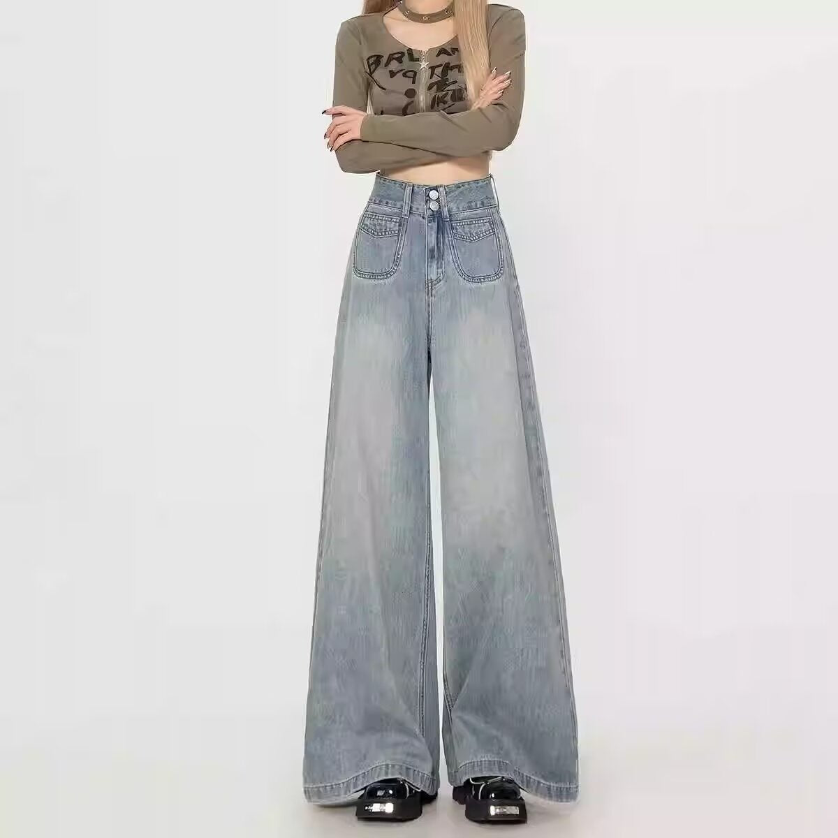 High-Waisted Wide-Leg Jeans for Women, Autumn 2025 New Style, Light Blue Early Autumn Loose Floor-Length Flared Pants, Spring and Autumn Style