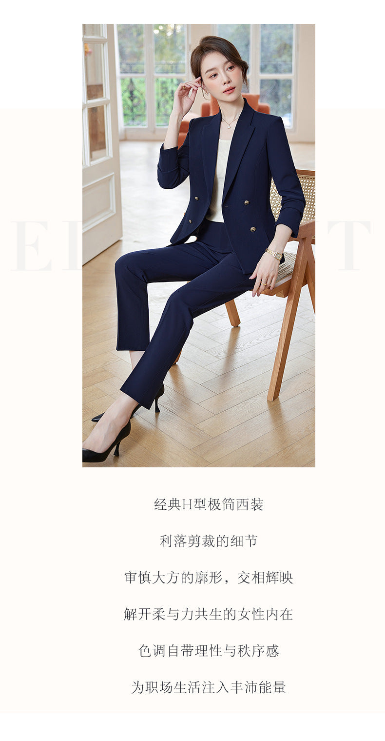 Cross-Border High-End Professional Women's Navy Blue Suit, New Spring and Autumn Style, Elegant Suit Set, Formal Attire for Hotel Sales Managers