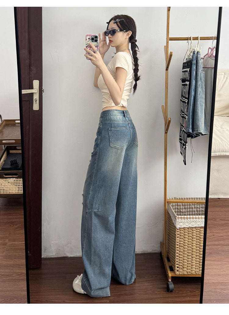 2025 Retro High-Waisted Ripped Jeans for Women in Spring and Autum New Pear-Shaped Figure Slimming Look Loose Wide-Leg Pants