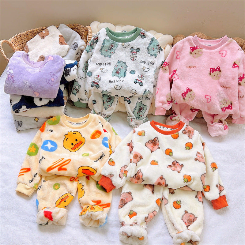 Men's and Women's Flannel Pajamas suit Autumn and Winter Middle and Big Children's Warm fleece-lined Thickened Autumn Clothes and Pants Home Clothes