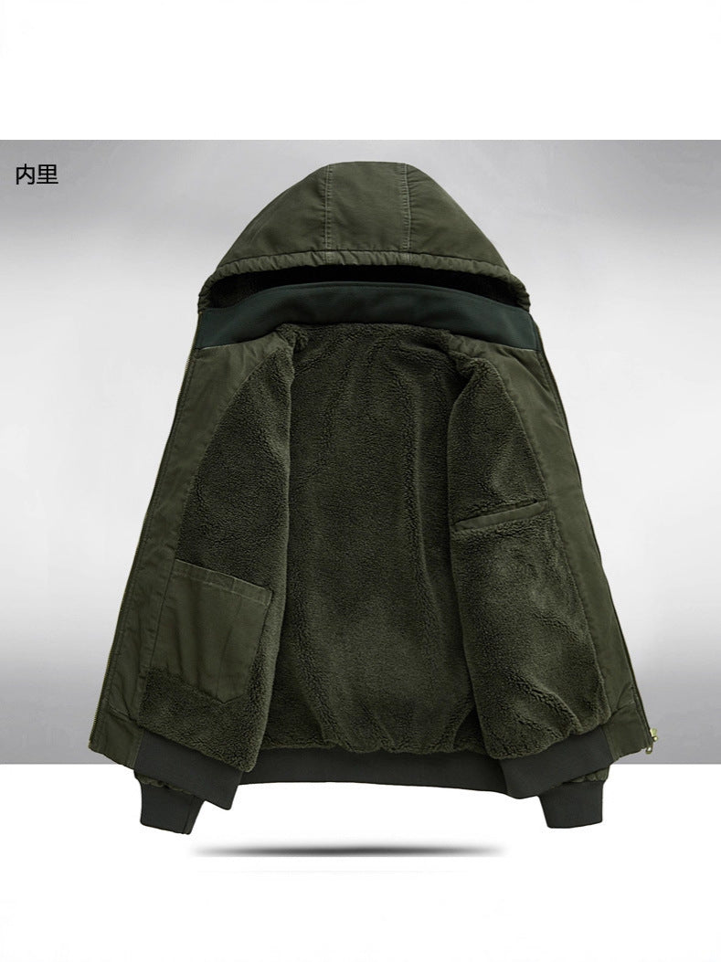 Men's Autumn and Winter Warm Fashion Fleece-Lined Bomber Jacket American-Style Workwear Hooded Cotton Coat for Warmth