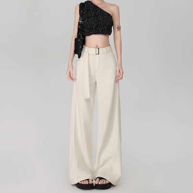 Off-White Wide-Leg Micro-Flared Jeans for Women 2025 Summer New Style Belt Draped Loose Straight White Pants