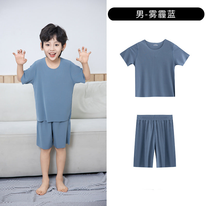 Summer New Style Boys' Short-Sleeved Loose Seamless Ice Silk Home Clothes Children's Two-Piece Set Girls' Pajamas Set Wholesale