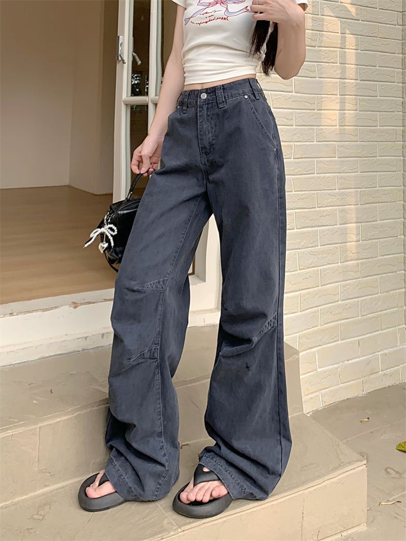 American Retro Design Workwear Jeans for Women New High Street Personalized Pleated Loose Straight Casual Pants